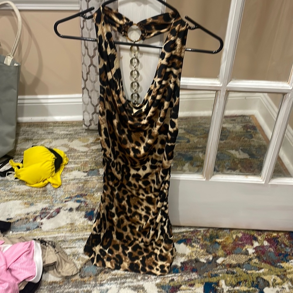 Lessors dress with a gold chain down the middle of the back,